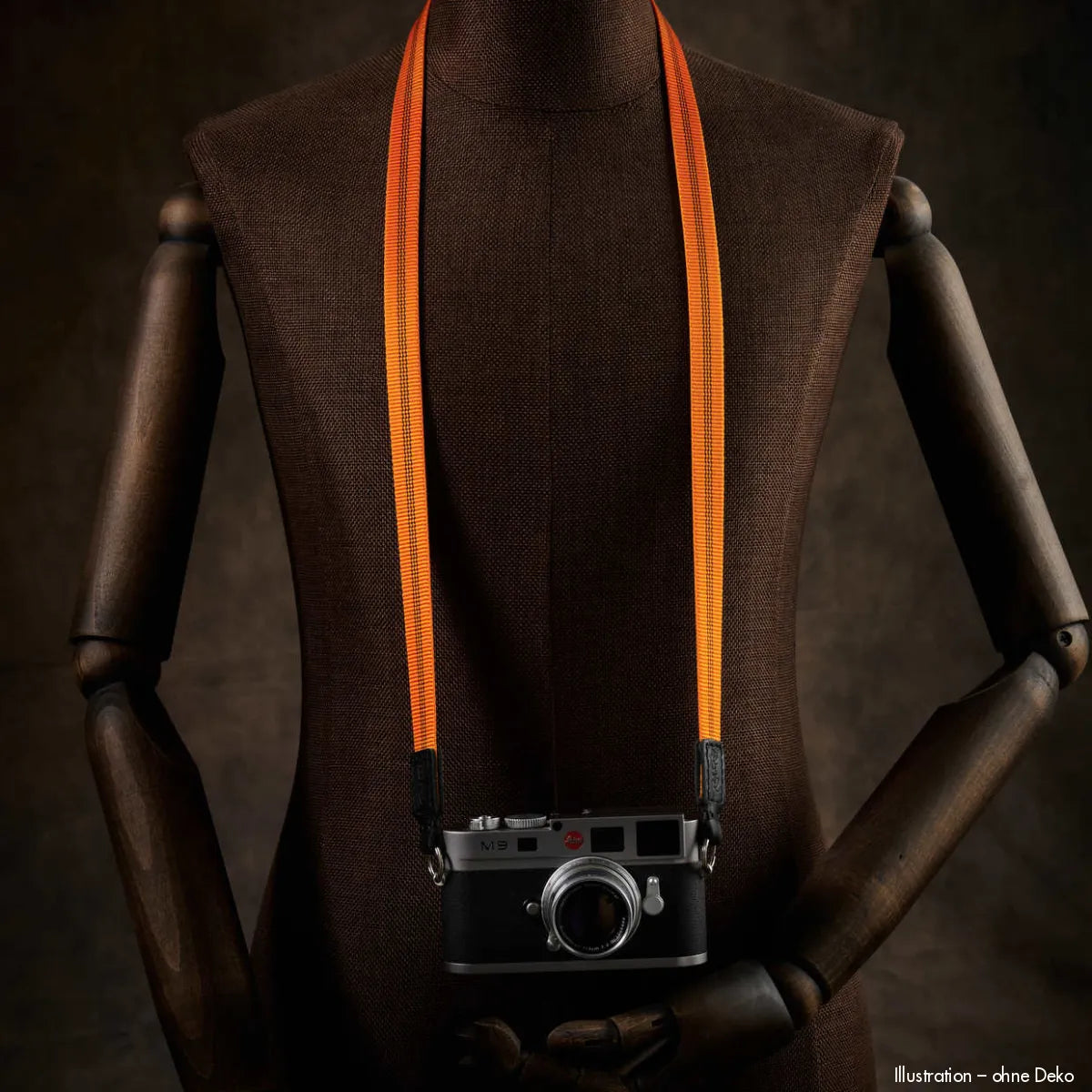 Oranger Polyamid-Kameragurt mit schwarzen Lederenden von Rock N Roll, 125 cm