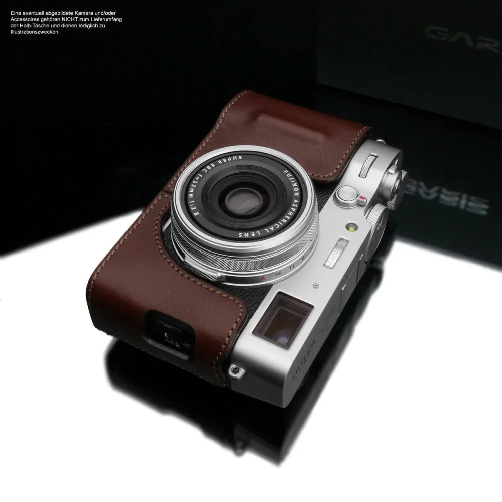 Half Case Bereitschaftstasche | Dunkelbraun, Fuji, Leder | Gariz Design | Fototasche Für Fuji X100v Kompaktkamera | Italienisches Leder |