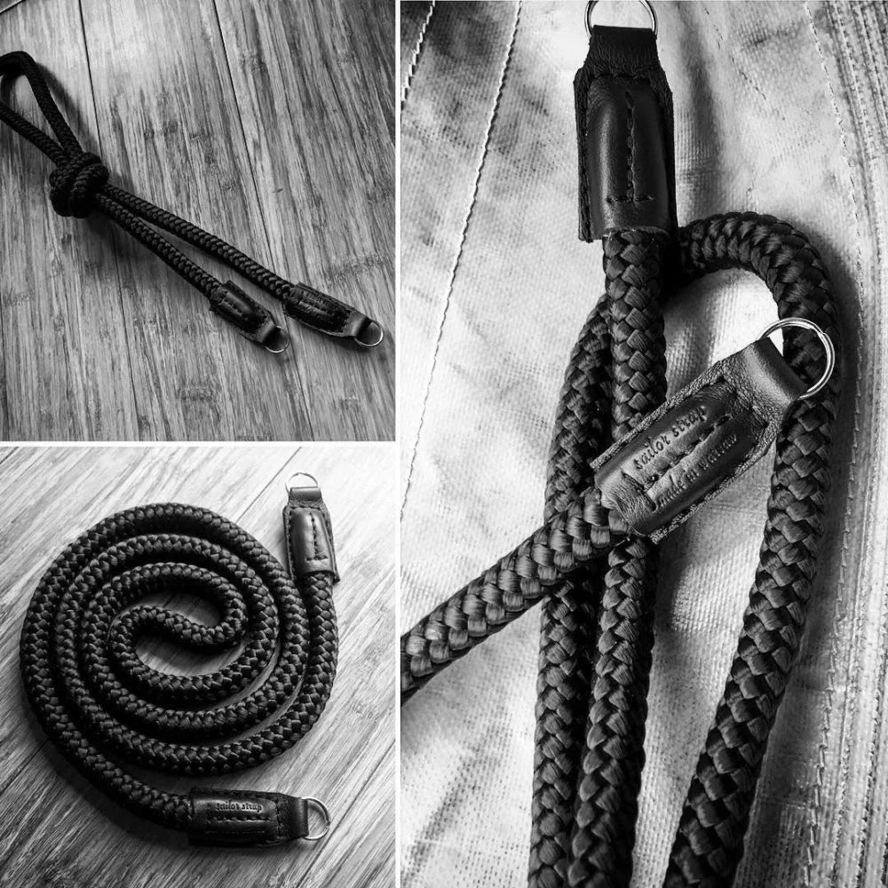 Kameragurte | Leder, Schwarz, Seil | Sailor Strap | Trageriemen Für Kamera Aus Seil Und Leder | Schwarz Braun | Handgefertigt |gr.s