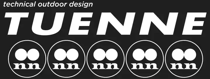 Ein Logo für »technisches Outdoor-Design« mit dem Markennamen »TUENNE« und fünf kreisförmigen Symbolen, jedes mit zwei Punkten und »nn« darunter.