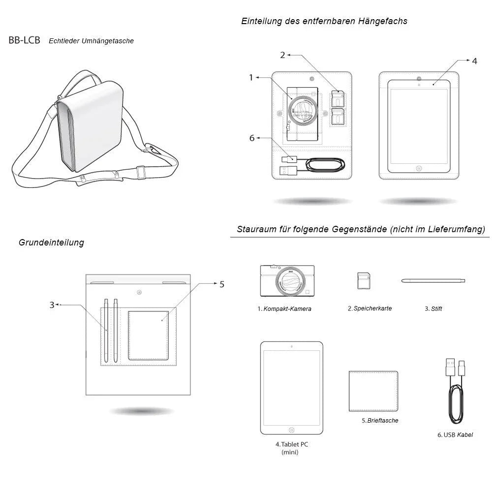 Fototaschen | Leder, Schwarz | Gariz Design | Gariz Tasche Umhängetasche Schultertasche (kamera- & Mini Tablet Fach) Bb-lcbbk