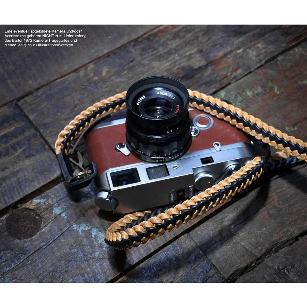 Kameragurte | Leder, Schwarz | Barton 1972 | Kamera Schultergurt Aus Leder | Schwarz Hell Braun | Barton 1972 Design | 105cm