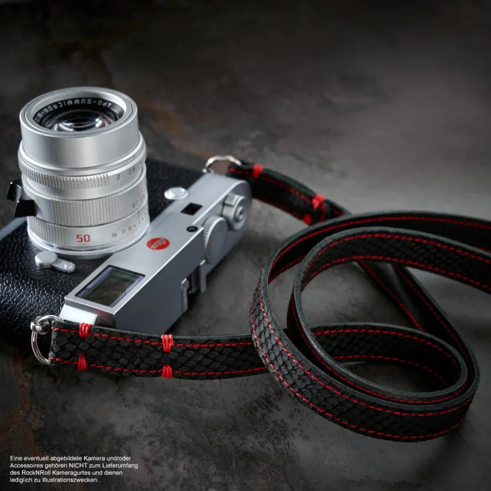 Kameragurte | Leder, Schwarz Und Rot | Rock n Roll Camera Straps And Bags | Kamera Schultergurt In Reptilien Leder Optik | Schwarz Rot |