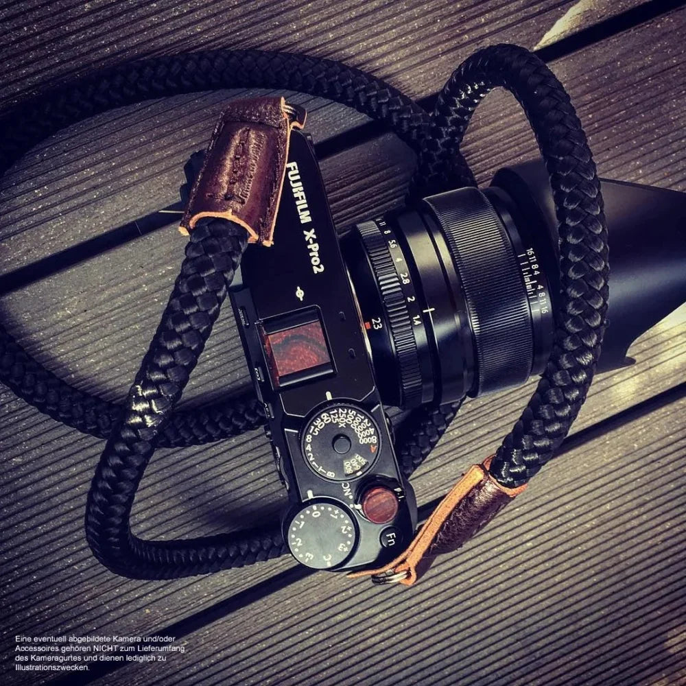 Kameragurte | Leder, Schwarz, Seil | Sailor Strap | Kameraband Aus Seil Und Italienischem Leder | Schwarz Braun | Handgefertigt