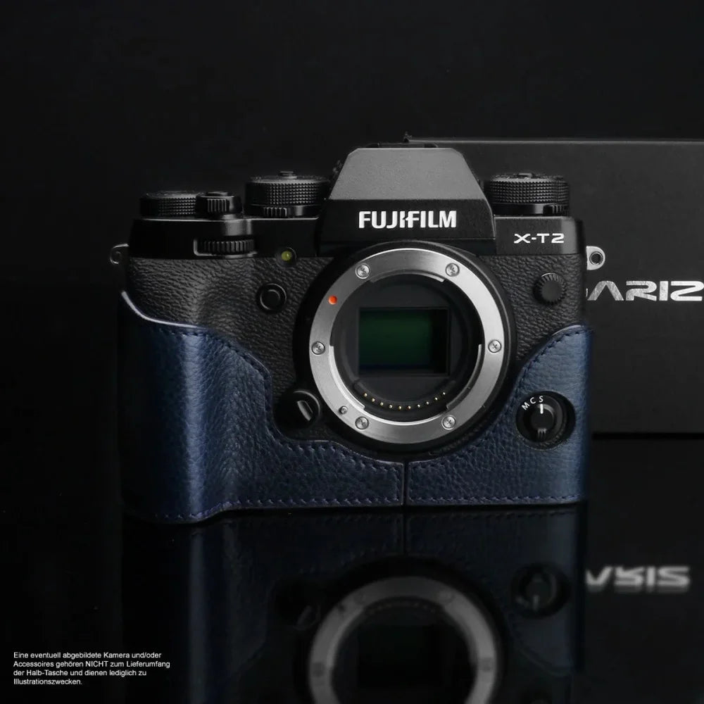 Half Case Bereitschaftstasche | Blau, Fuji, Leder | Gariz Design | Kameratasche Für Fujifilm X-t3 X-t2 Aus Leder In Navy Blau Von Gariz