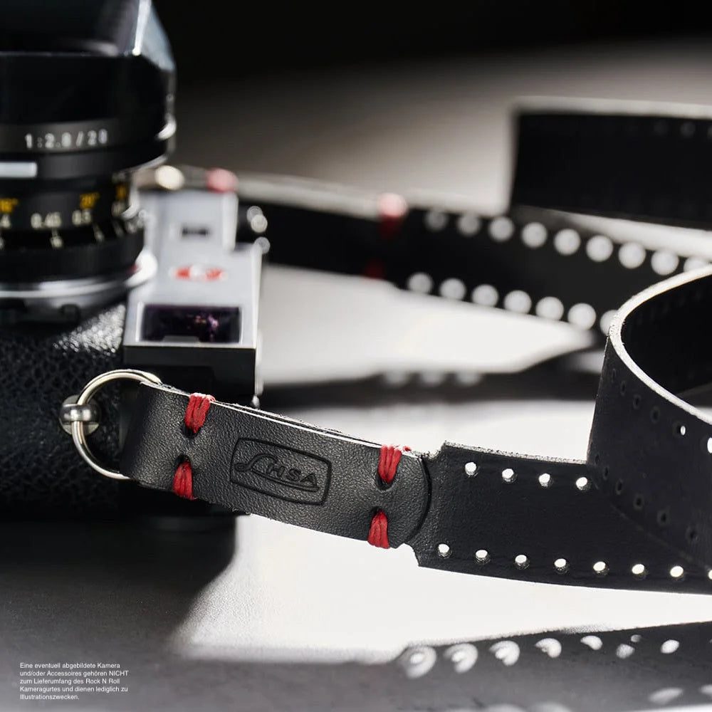 Rock n Roll Camera Straps And Bags Kameragurte | Leder - Leica - New - Schwarz - Schwarz Und Rot | Leder Kameragurt Im Kamerafilm Design |